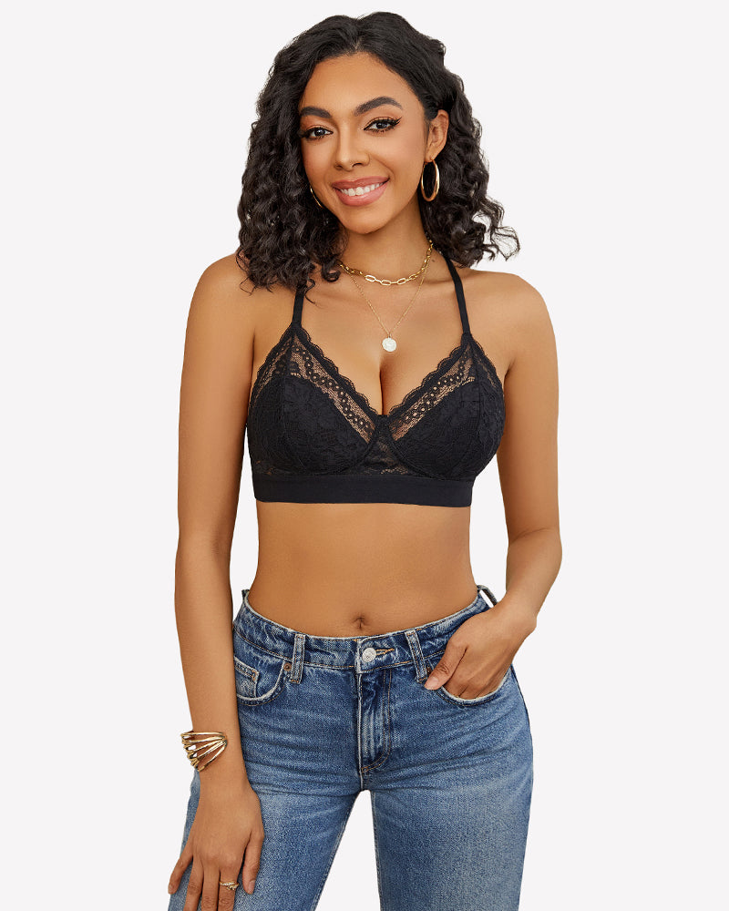 Lace Racerback Wireless Unlined Bralette Bra Black Lingerie Sets-Bras - Tophatter Daily Deals