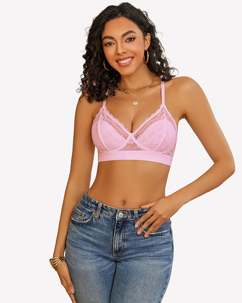 Lace Racerback Wireless Unlined Bralette Bra Pink Lingerie Sets-Bras - Tophatter Daily Deals