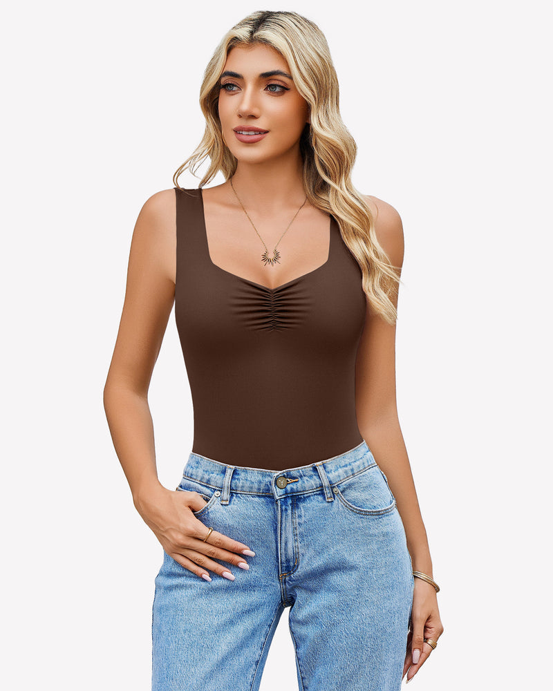Sweetheart Neck Ruched Bodysuit Brown Lingeries-Bodysuits - Tophatter Daily Deals