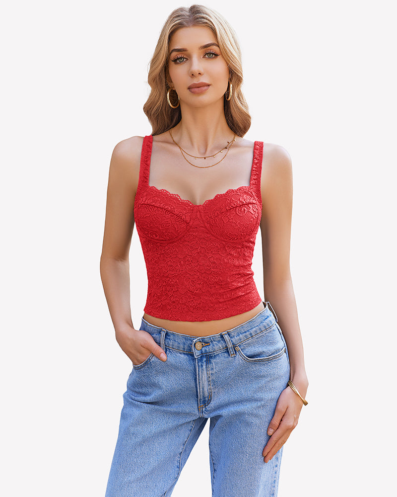 Lace Sleeveless Sweetheart Neck Crop Top Red Lingeries-Crop tops - Tophatter Daily Deals