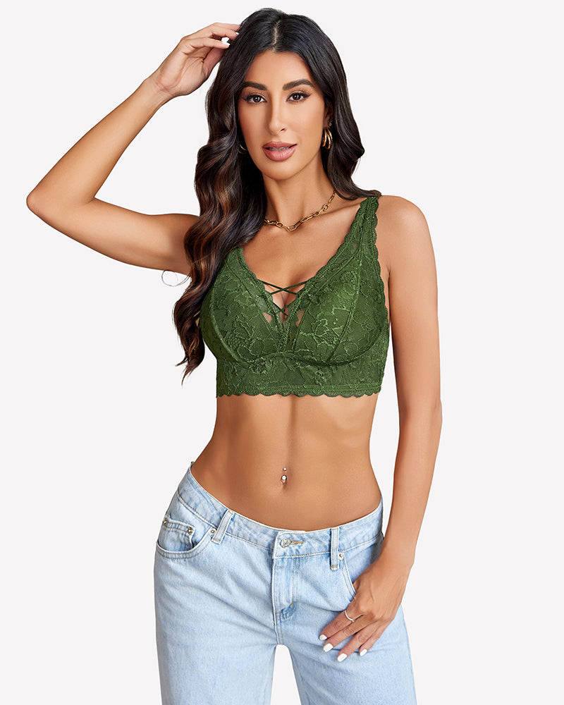 Lace Bralette V Neck Criss Cross Bras Army Green Lingerie Sets-Bras - Tophatter Daily Deals
