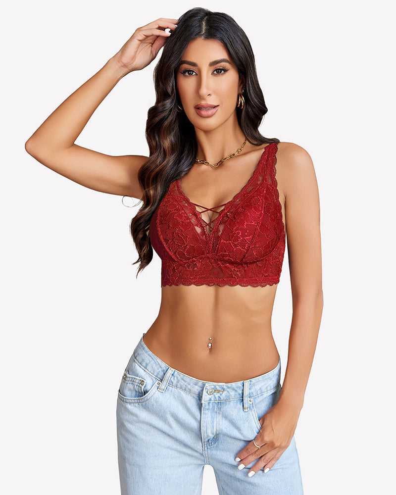 Lace Bralette V Neck Criss Cross Bras Wine Red Lingerie Sets-Bras - Tophatter Daily Deals