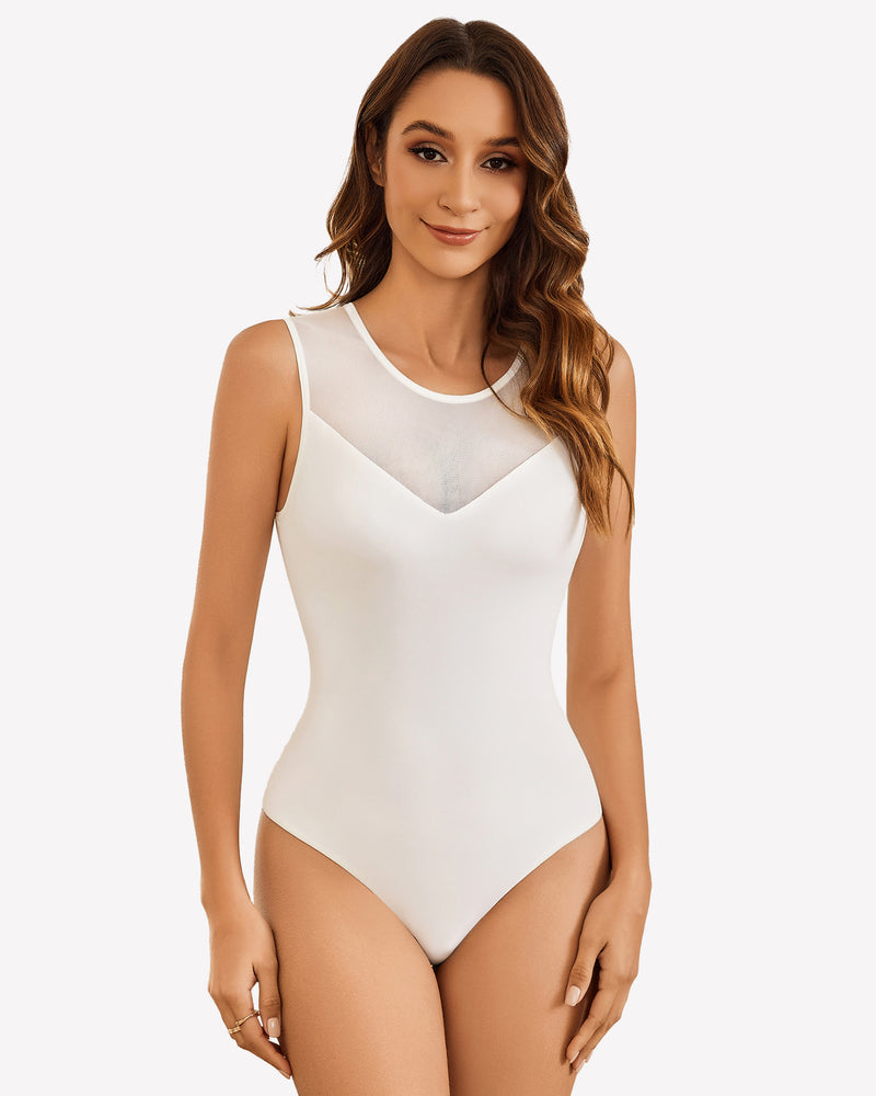 Mesh Crew Neck Sleeveless Bodysuit White Lingerie-Babydolls - Tophatter Daily Deals