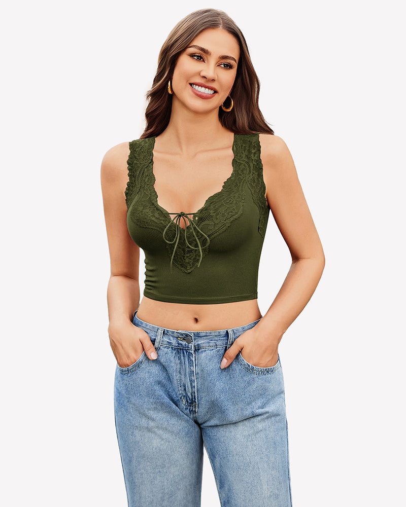 Plunge Crop Tops V Neck Ribbed Tank Top Army Green Lingerie Sets-Bras - Tophatter Daily Deals