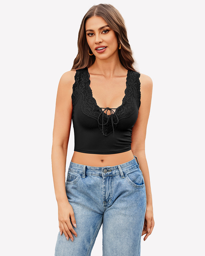Plunge Crop Tops V Neck Ribbed Tank Top Black Lingerie Sets-Bras - Tophatter Daily Deals