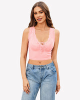Plunge Crop Tops V Neck Ribbed Tank Top Pink Lingerie Sets-Bras - Tophatter Daily Deals