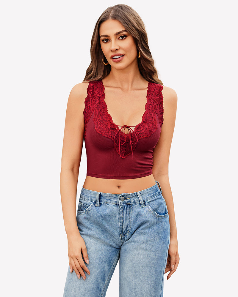 Plunge Crop Tops V Neck Ribbed Tank Top Wine Red Lingerie Sets-Bras - Tophatter Daily Deals