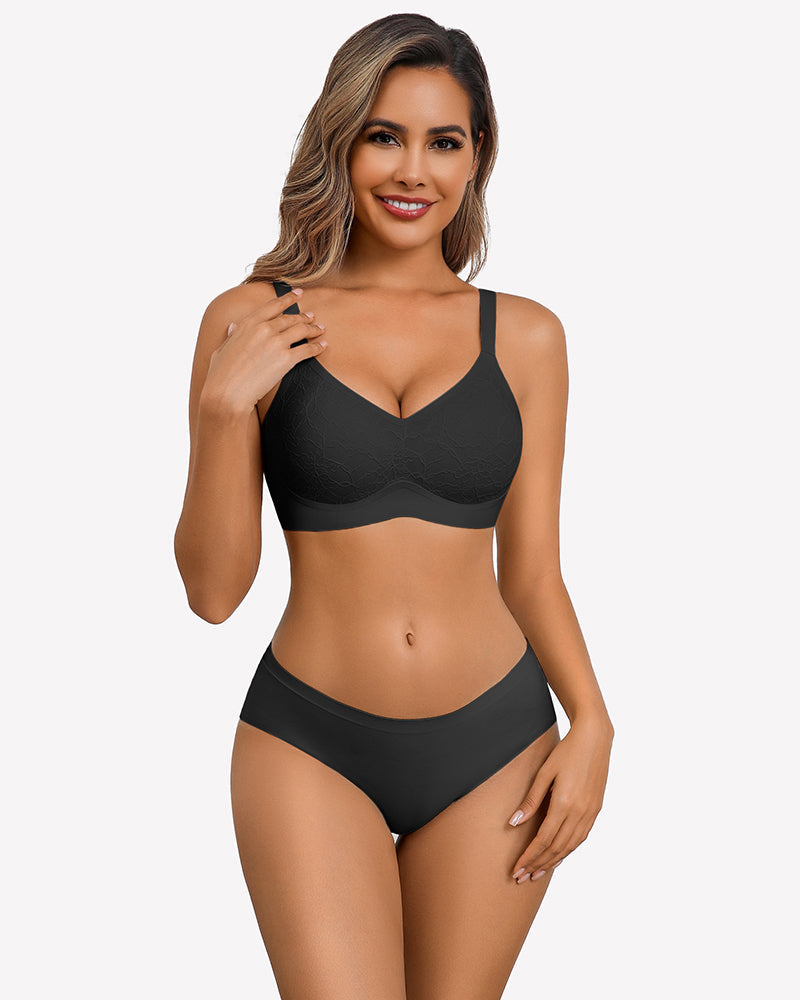 Lace Full Coverage Wireless Padded Seamless Bra Black Lingerie Sets-Bras - Tophatter Daily Deals