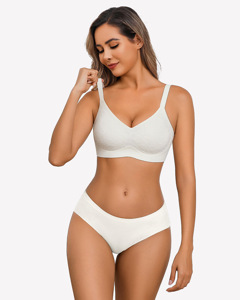 Lace Full Coverage Wireless Padded Seamless Bra White Lingerie Sets-Bras - Tophatter Daily Deals