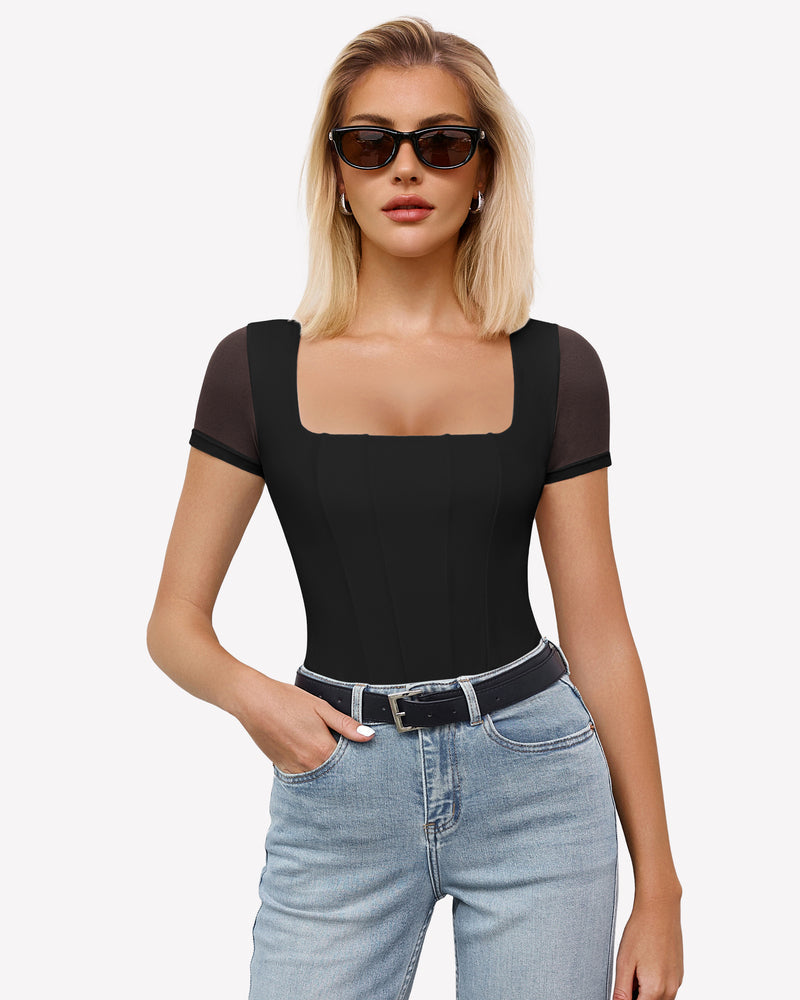 Square Neck Mesh Double Body Suit Black Lingeries-Bodysuits - Tophatter Daily Deals