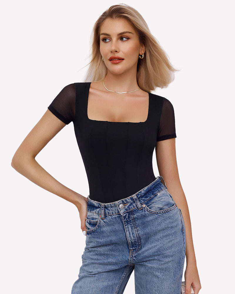 Square Neck Mesh Double Body Suit Lingeries-Bodysuits - Tophatter Daily Deals