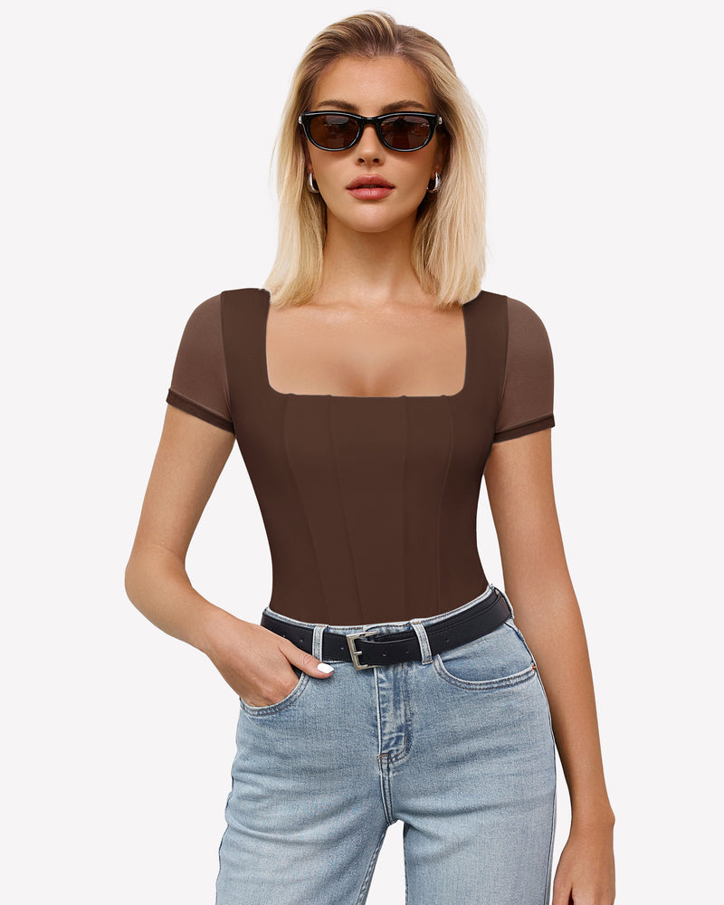 Square Neck Mesh Double Body Suit Lingeries-Bodysuits - Tophatter Daily Deals