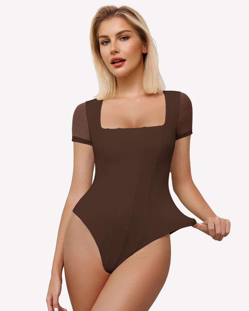 Square Neck Mesh Double Body Suit Brown Lingeries-Bodysuits - Tophatter Daily Deals