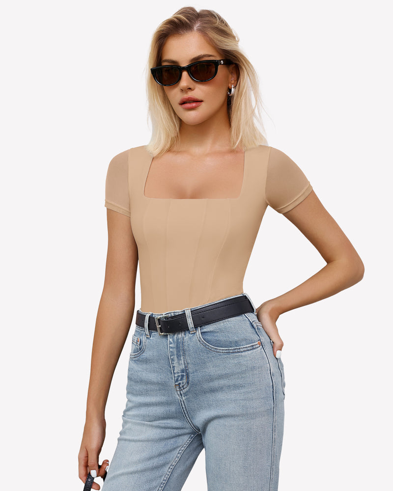 Square Neck Mesh Double Body Suit Lingeries-Bodysuits - Tophatter Daily Deals