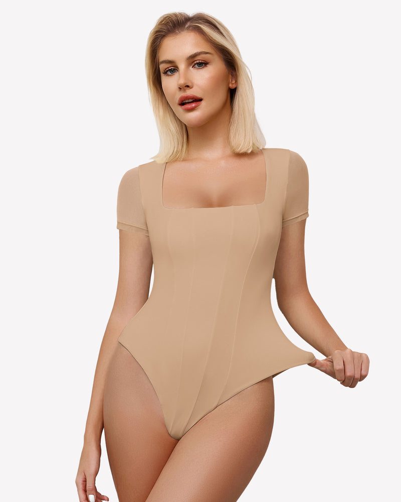 Square Neck Mesh Double Body Suit Nude Lingeries-Bodysuits - Tophatter Daily Deals