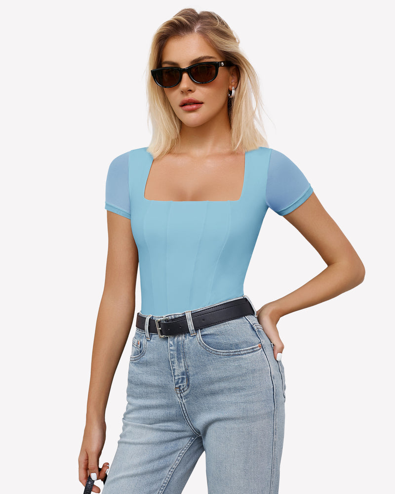 Square Neck Mesh Double Body Suit Lingeries-Bodysuits - Tophatter Daily Deals