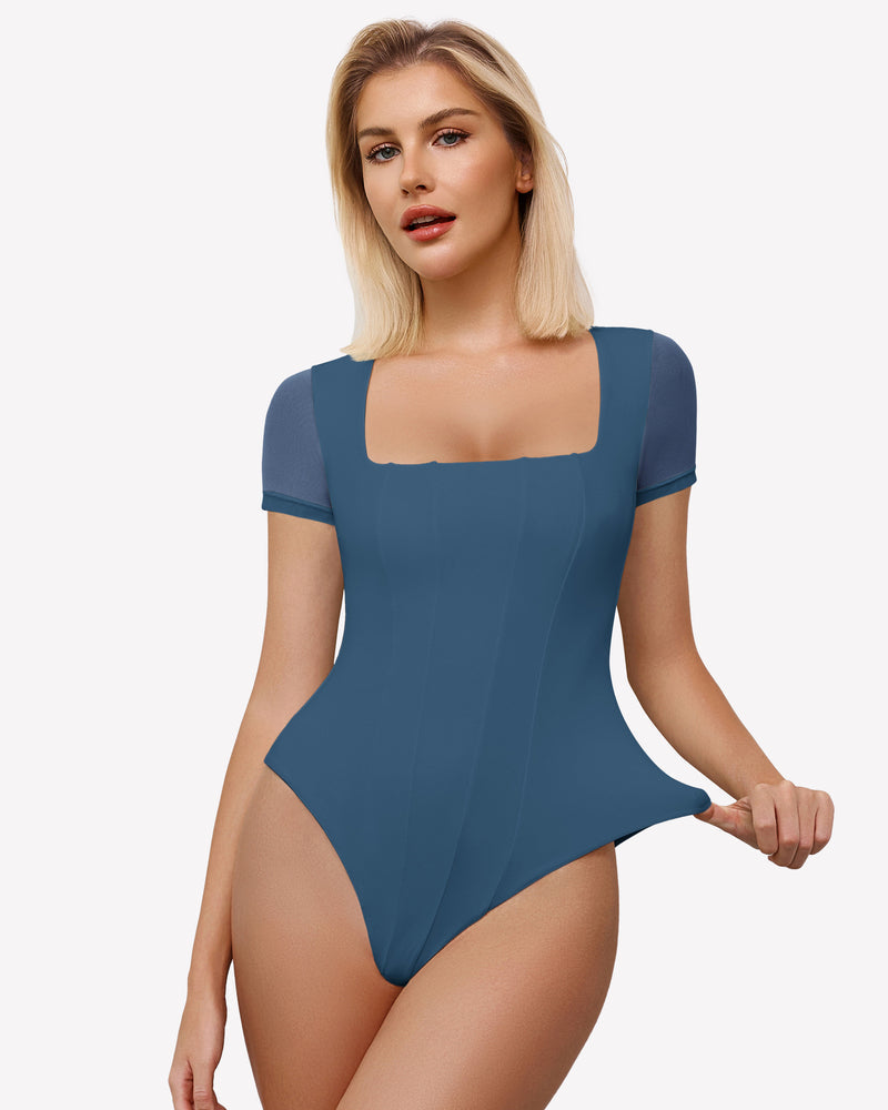 Square Neck Mesh Double Body Suit Dark Blue Lingeries-Bodysuits - Tophatter Daily Deals