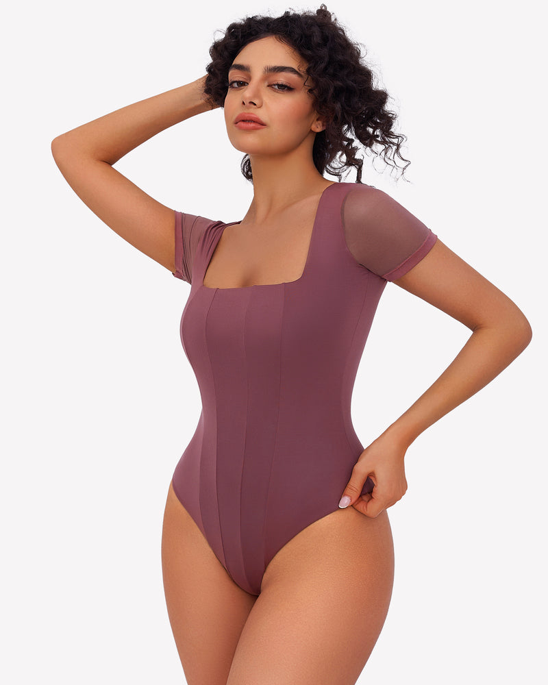 Square Neck Mesh Double Body Suit Purple Red Lingeries-Bodysuits - Tophatter Daily Deals