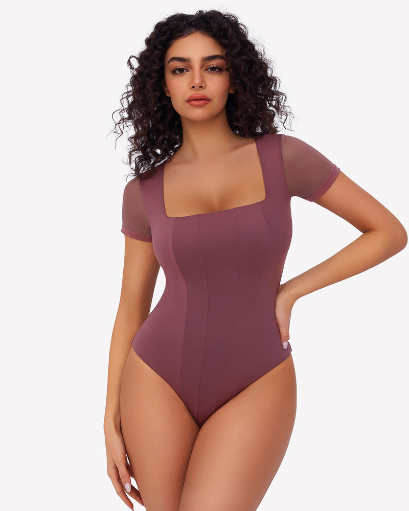 Square Neck Mesh Double Body Suit Lingeries-Bodysuits - Tophatter Daily Deals