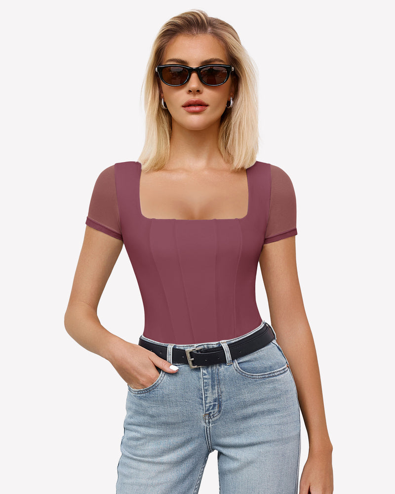 Square Neck Mesh Double Body Suit Lingeries-Bodysuits - Tophatter Daily Deals