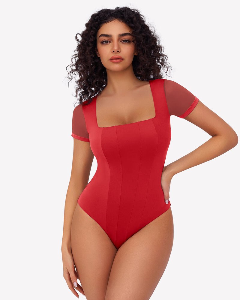 Square Neck Mesh Double Body Suit Red Lingeries-Bodysuits - Tophatter Daily Deals