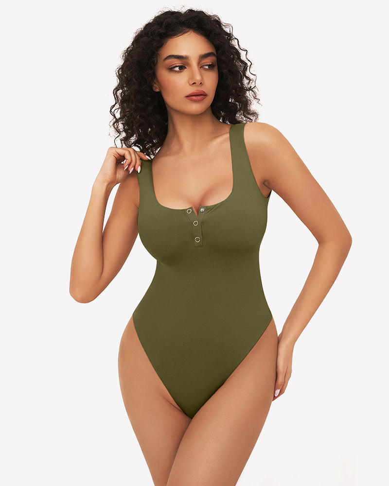 Button Down Square Neck Sleeveless Bodysuit Army Green Lingeries-Bodysuits - Tophatter Daily Deals
