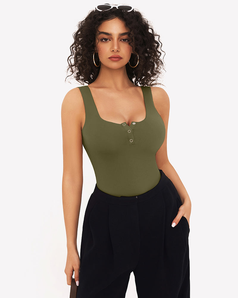 Button Down Square Neck Sleeveless Bodysuit Lingeries-Bodysuits - Tophatter Daily Deals
