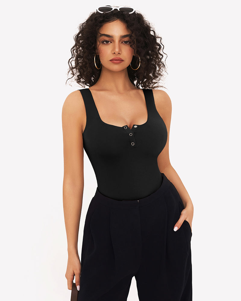 Button Down Square Neck Sleeveless Bodysuit Lingeries-Bodysuits - Tophatter Daily Deals