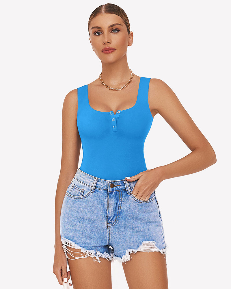 Button Down Square Neck Sleeveless Bodysuit Lingeries-Bodysuits - Tophatter Daily Deals