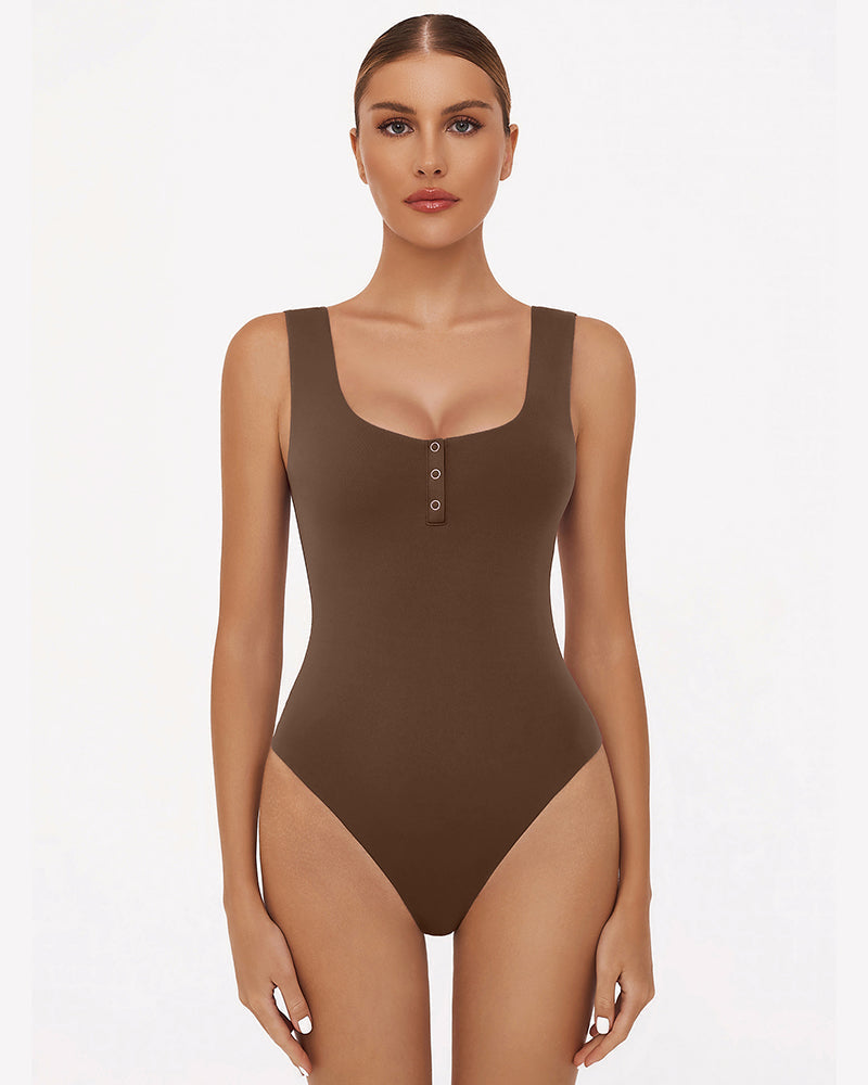 Button Down Square Neck Sleeveless Bodysuit Brown Lingeries-Bodysuits - Tophatter Daily Deals