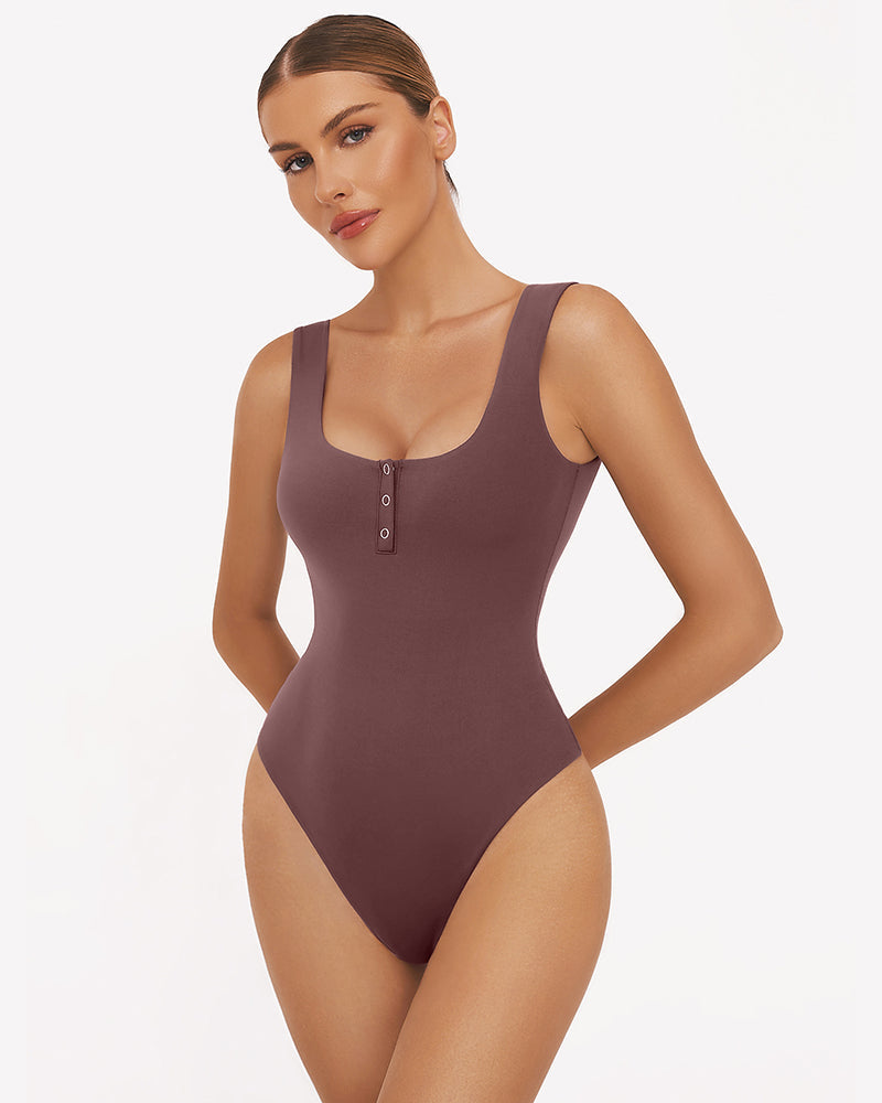 Button Down Square Neck Sleeveless Bodysuit Lingeries-Bodysuits - Tophatter Daily Deals