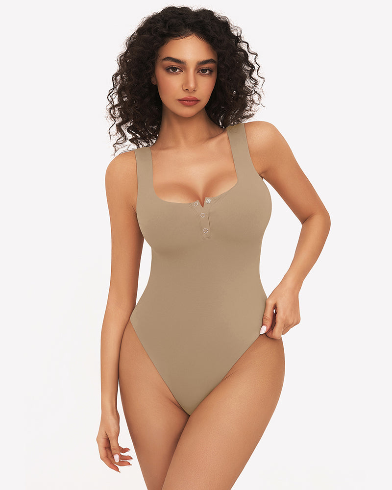 Button Down Square Neck Sleeveless Bodysuit Khaki Lingeries-Bodysuits - Tophatter Daily Deals