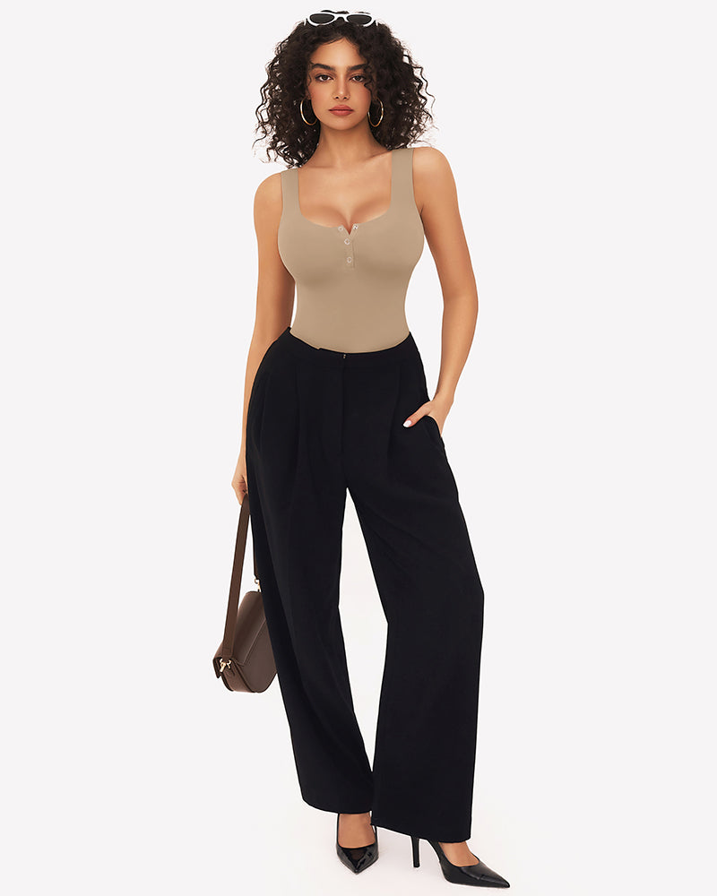 Button Down Square Neck Sleeveless Bodysuit Lingeries-Bodysuits - Tophatter Daily Deals