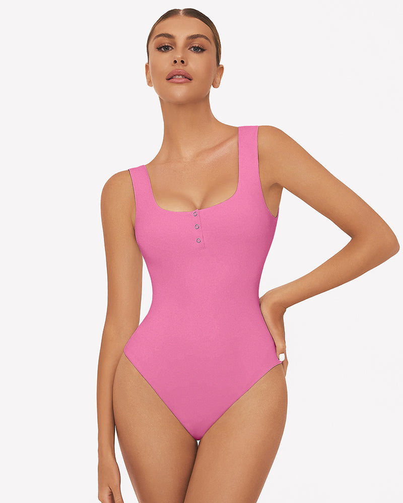 Button Down Square Neck Sleeveless Bodysuit Lingeries-Bodysuits - Tophatter Daily Deals
