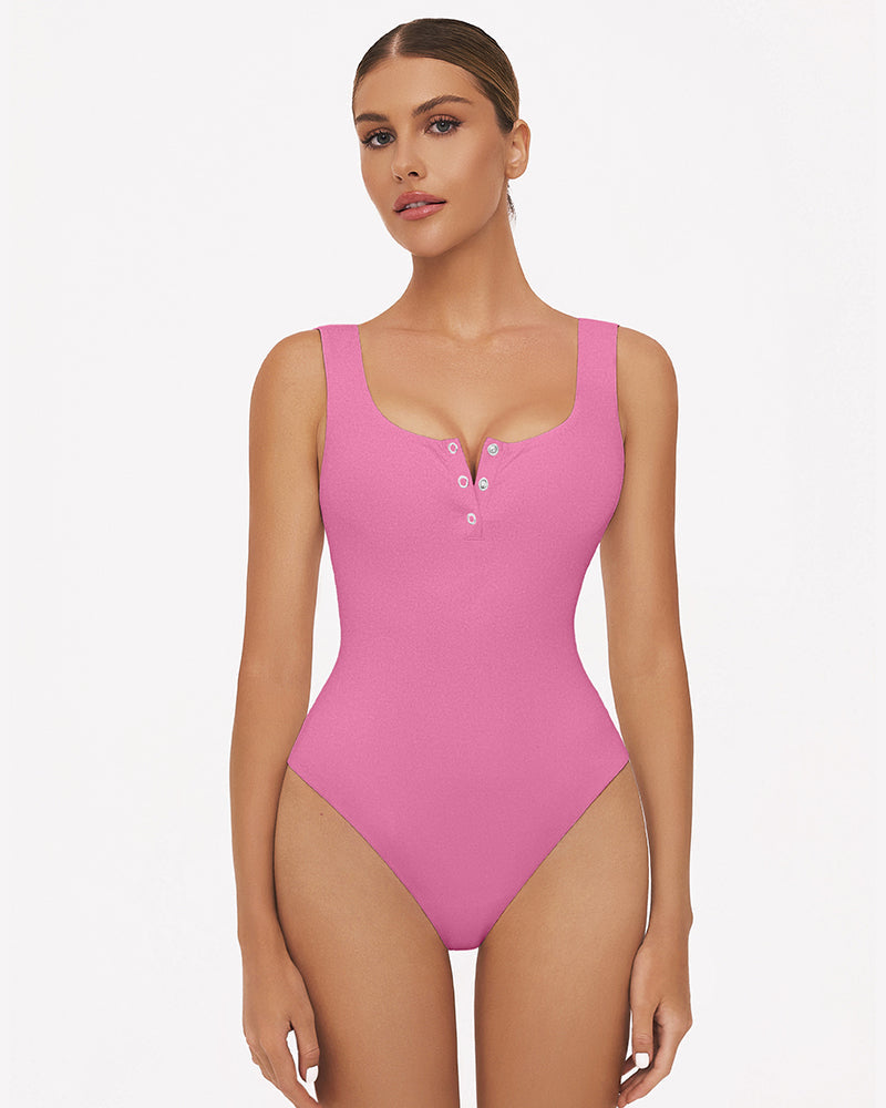 Button Down Square Neck Sleeveless Bodysuit Pink Lingeries-Bodysuits - Tophatter Daily Deals