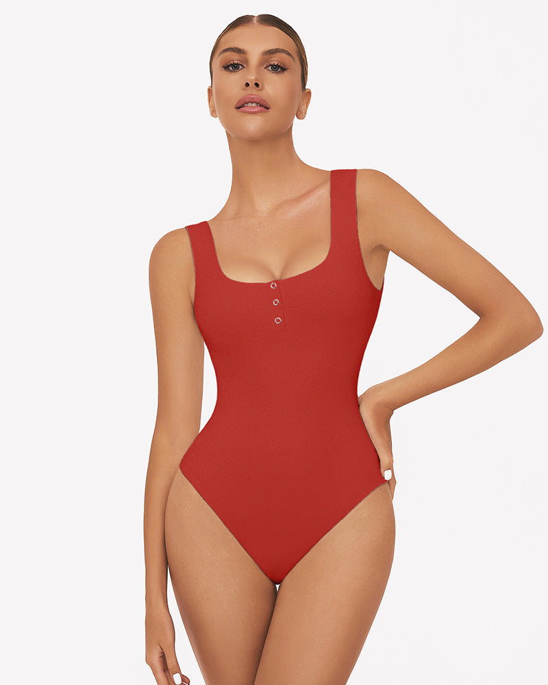 Button Down Square Neck Sleeveless Bodysuit Red Lingeries-Bodysuits - Tophatter Daily Deals