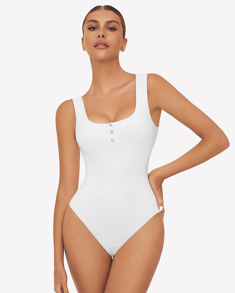 Button Down Square Neck Sleeveless Bodysuit White Lingeries-Bodysuits - Tophatter Daily Deals