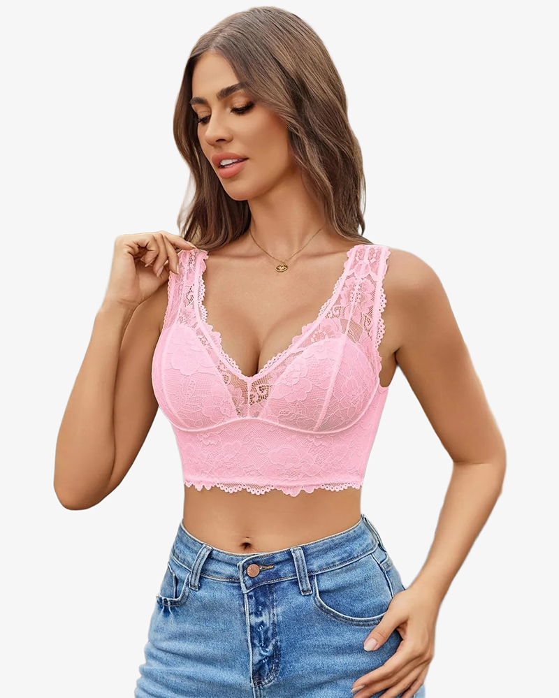 Lace Bralette Deep V Plunge Wireless Bra Pink Lingerie Sets-Bras - Tophatter Daily Deals