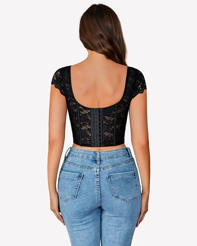 Floral Lace Bustier Cap Sleeve Crop Top Lingeries-Crop tops - Tophatter Daily Deals