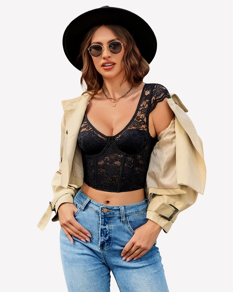 Floral Lace Bustier Cap Sleeve Crop Top Lingeries-Crop tops - Tophatter Daily Deals