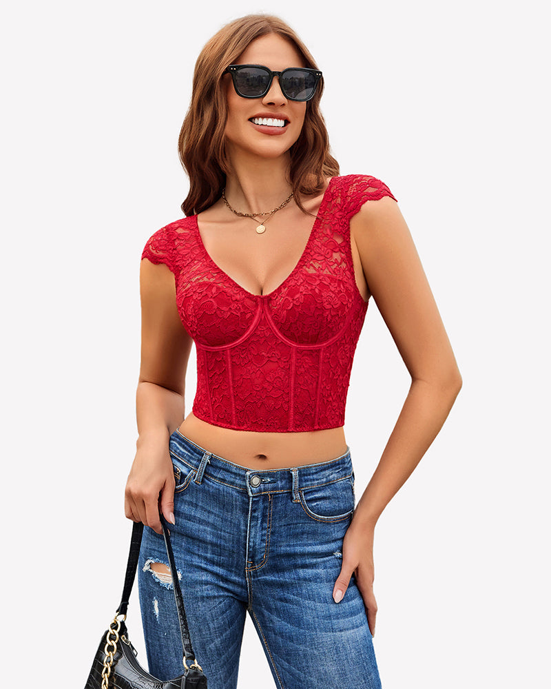 Floral Lace Bustier Cap Sleeve Crop Top Wine Red Lingeries-Crop tops - Tophatter Daily Deals