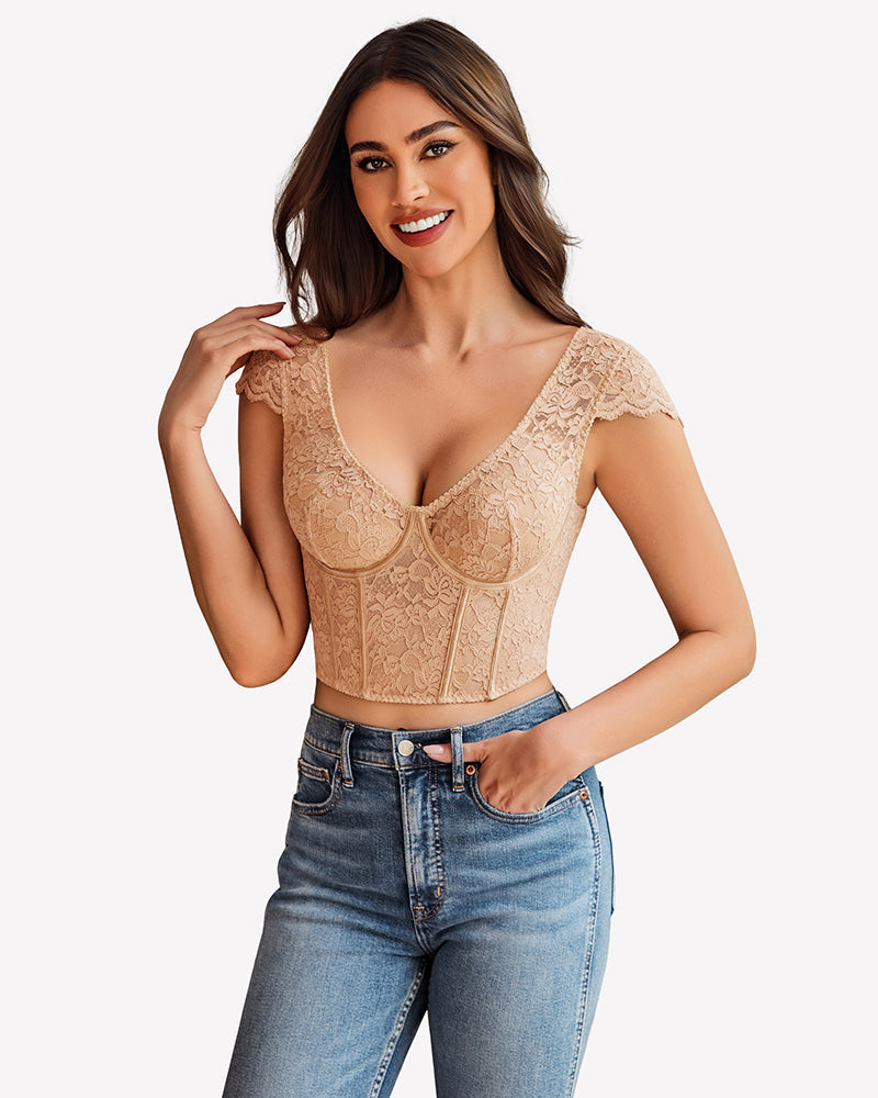 Floral Lace Bustier Cap Sleeve Crop Top Wheat Lingeries-Crop tops - Tophatter Daily Deals