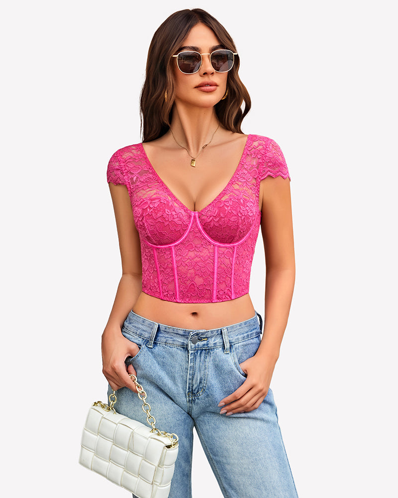 Floral Lace Bustier Cap Sleeve Crop Top Lingeries-Crop tops - Tophatter Daily Deals