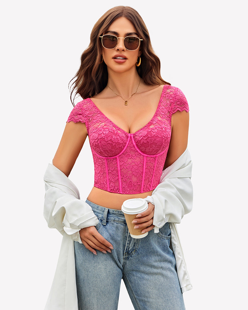 Floral Lace Bustier Cap Sleeve Crop Top Rose Red Lingeries-Crop tops - Tophatter Daily Deals