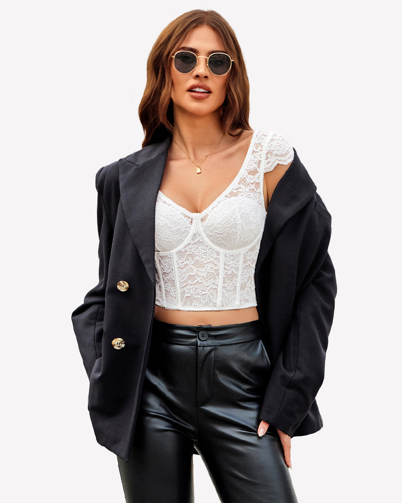 Floral Lace Bustier Cap Sleeve Crop Top Lingeries-Crop tops - Tophatter Daily Deals