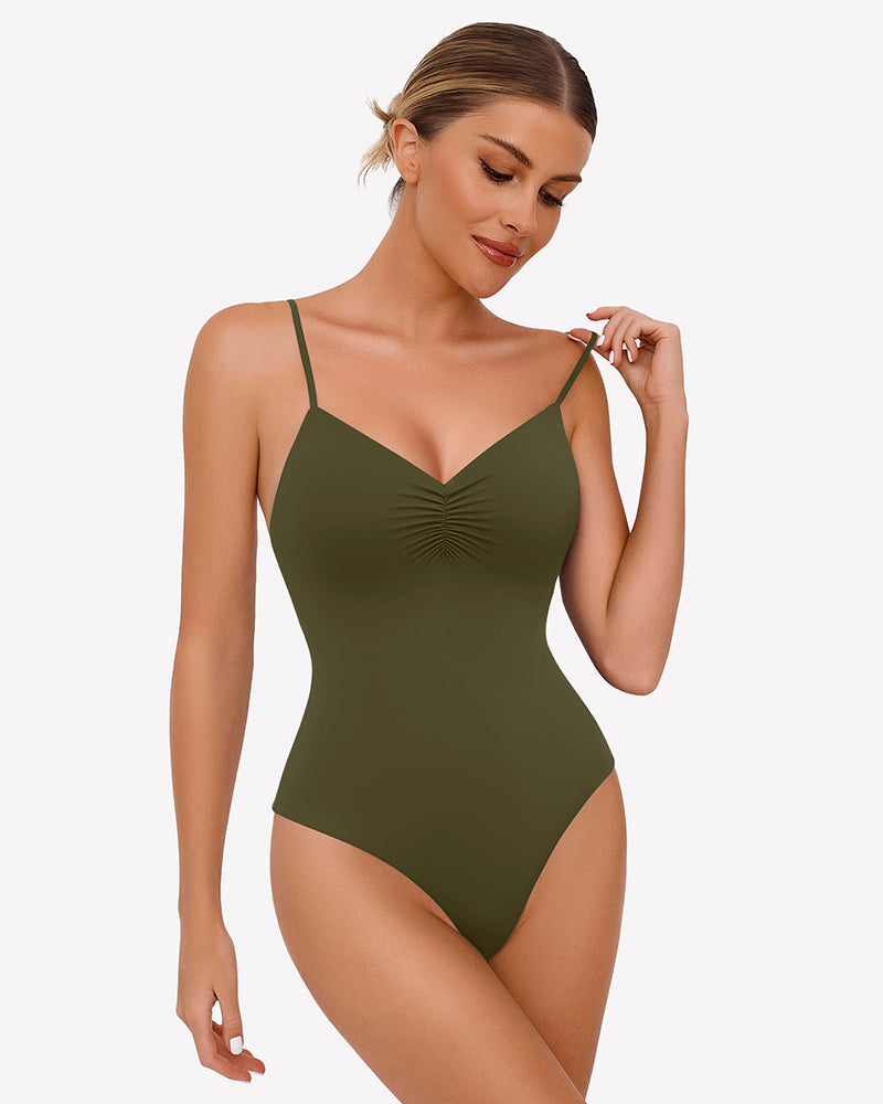 Ruched V Neck Thong Bodysuit Army Green Shaperwear-bodysuit - Tophatter Daily Deals