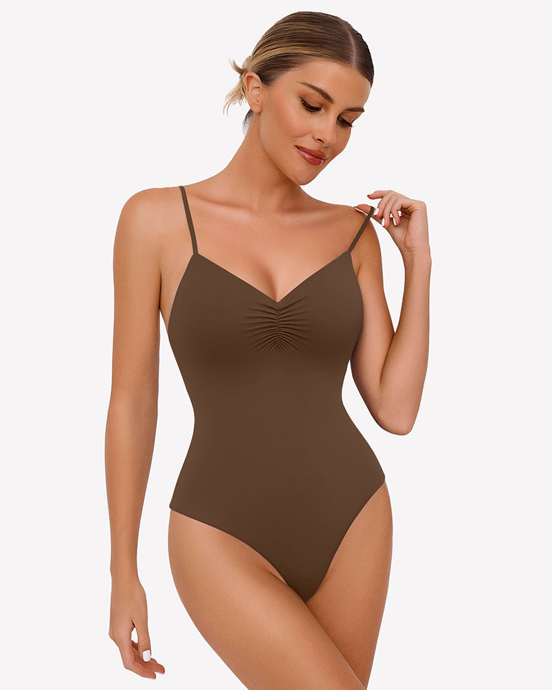 Ruched V Neck Thong Bodysuit Brown Shaperwear-bodysuit - Tophatter Daily Deals