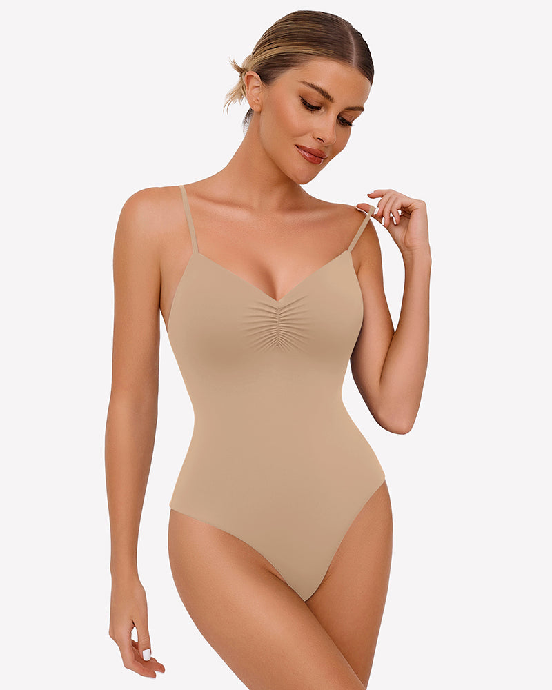 Ruched V Neck Thong Bodysuit Champagne Shaperwear-bodysuit - Tophatter Daily Deals