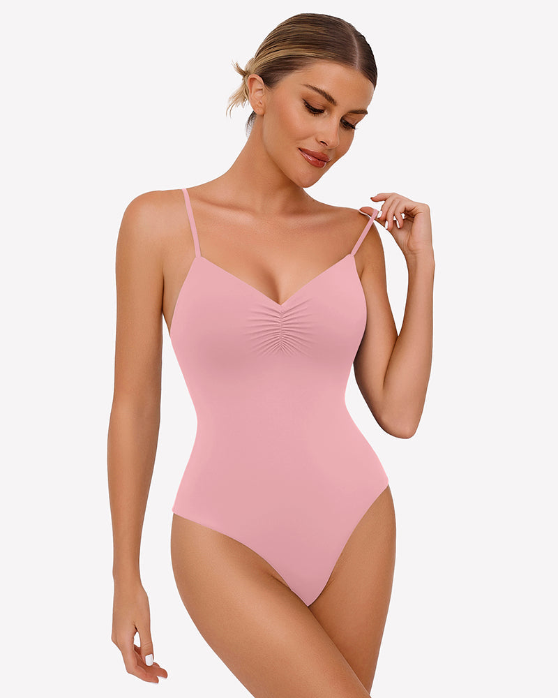 Ruched V Neck Thong Bodysuit Light Pink Shaperwear-bodysuit - Tophatter Daily Deals