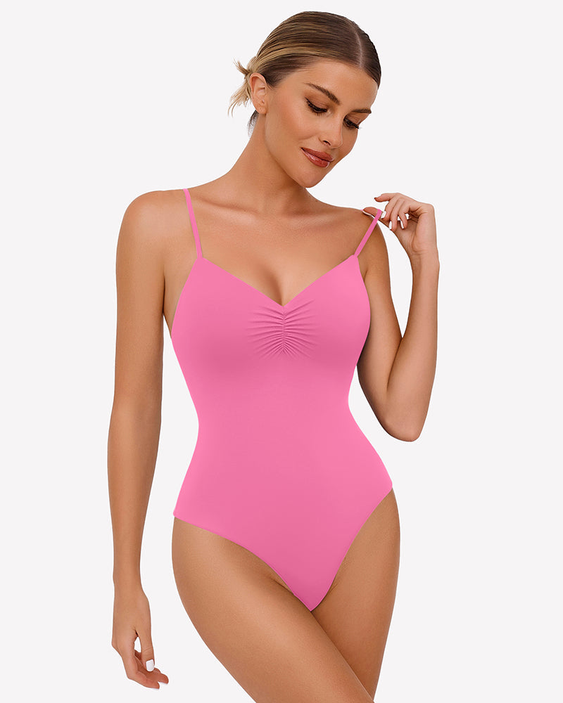 Ruched V Neck Thong Bodysuit Pink Shaperwear-bodysuit - Tophatter Daily Deals
